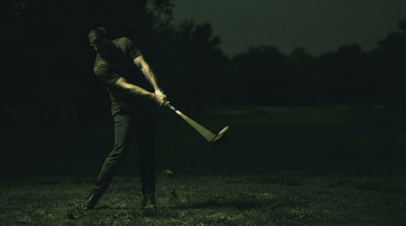 Golfer mid-swing in dramatic low light