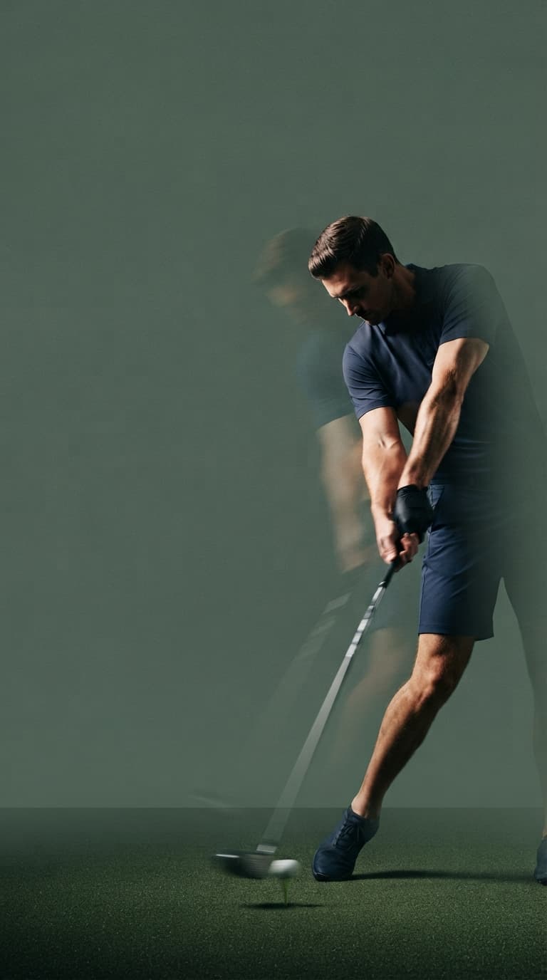 Golfer mid-swing on a green fairway